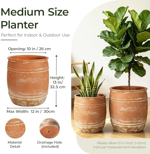 13"H x 12" Dia Aged Terracotta Planter Pot with Drainage Hole, Rustic Vintage Flower Pot for Indoor Outdoor Plants, Distressed Decorative Clay-Style Planter for Patio, Porch, Garden, Farmhouse Décor - Image 3