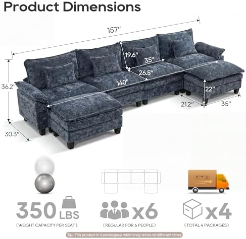 URRED Oversized Modular Sectional Sofa，Blue：157" U Shaped - Image 2