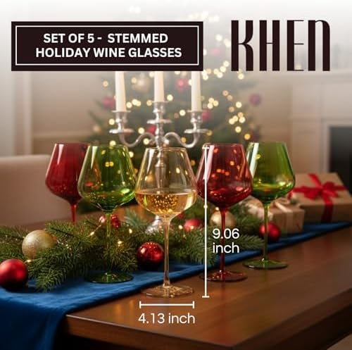 Khen Festive & Holiday Colored Wine Glasses Set of 5 In Luxurious Gift Box – 20oz Stemmed Goblets, Thanksgiving Dinner, Entertaining – Wedding Red, Green & Gold Glassware for Party Celebrations - Image 2