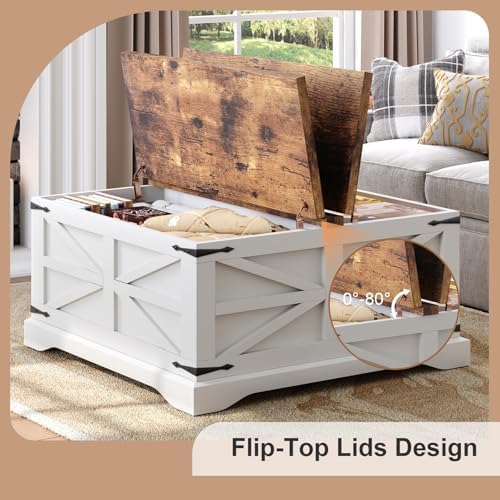 MXV Farmhouse Coffee Table with Storage, Square Coffee Tables for Living Room, Rustic Wood Center Table with Hinged Lifting Tabletop for Home, White - Image 4