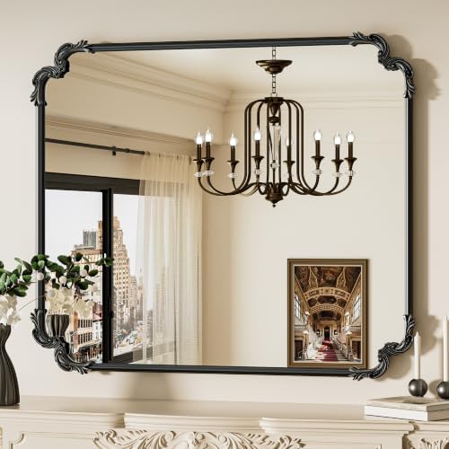 TETOTE Baroque Antique Black Scroll Wall Mirror 42 x 36 Vintage Rectangle Framed Baroque French Rectangular Mirror for Mantle Fireplace Bathroom Living Room, Horizontal/Vertical by TETOTE