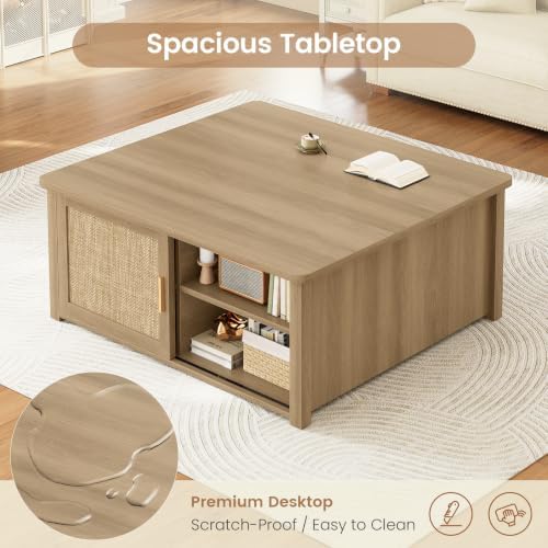 SEDETA 31.5" Lift Top Coffee Table with Storage, Square Coffee Tables for Living Room, Farmhouse Coffee Table with Large Hidden Storage Compartment and Adjustable Shelves, Rattan Oak - Image 5