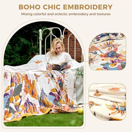 LUTBM Queen Throw Blanket for Bed, 100% Cotton Boho Breathable Fall Quilt - Image 3