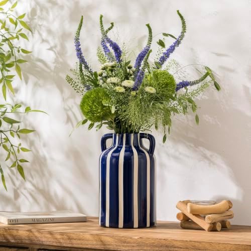 SURE YUESI Blue Ceramic Vase with Handles, Modern Farmhouse Striped Decorative Vase, 9.1" Art Deco Tall Flower Vases for Pampas Grass, Shelf Decor, Dining Table Centerpiece, Living Room Home Decor - Image 5