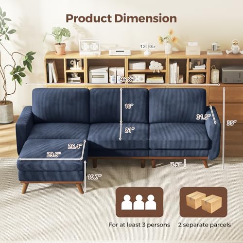 Vesgantti 97" Modular Sectional Sofa Dark Blue, L-Shaped Couch with Movable Ottoman, Comfy Corduroy Couch with Spring Cushion, Modular Sofa with Deep Seat for Living Room, Bedroom and Apartment - Image 2