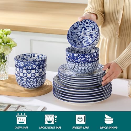 vancasso SELENE Plates and Bowls Set for 6, 18 Pieces Dinnerware Sets, Mircowave and Dishwasher Safe Dishes Set, Porcelain Blue Dinnerware - Image 3