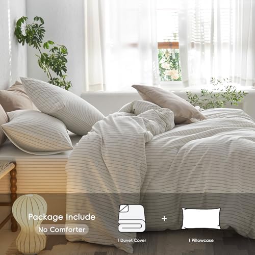 MooMee Striped Duvet Cover Set 100% Washed Cotton Linen Like Twin - Image 2
