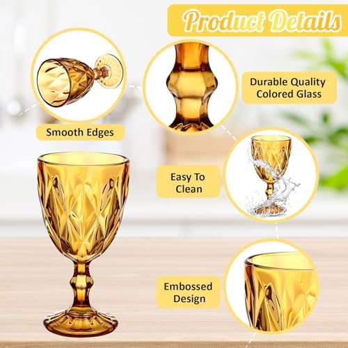 Yinder Glass Goblet Vintage Wine Goblet Embossed Glassware 10 oz Solid Color Glass Stemmed Cups for Iced Tea Beverage Soda Juice Water Liquor and Party Wedding Bars Restaurants(Amber,6 Pack) - Image 3