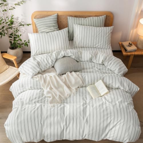 BESTOUCH Striped Cotton Duvet Cover Set Linen Feel Twin - Image 3