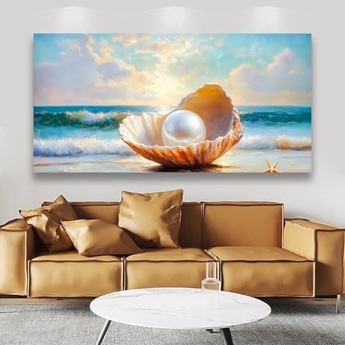 Seashells Pearls Pictures Canvas Wall Art Living Room Office Bedroom Wall Decor Sea Landscape Wall Art Prints Modern Blue and White Landscape Artwork Waterproof Ready to Hang - 20x40 inches - Image 7