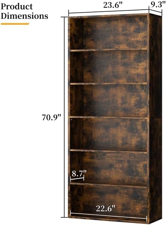 Shintenchi Bookshelf,6-Tier Open Bookcase and Bookshelves,6 Shelf Display Storage Shelves Floor Standing 70.6 inches Tall Bookcase for Home Office, Living Room (Brown) - Image 3