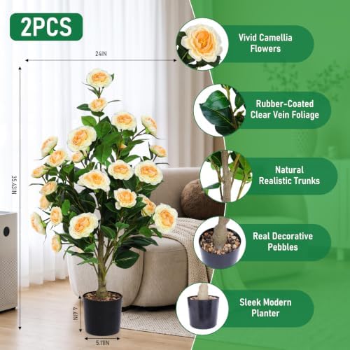 2 Pack Artificial Camellia Trees with Potted(Yellow Flowers) - Image 2
