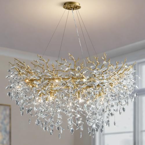YUYI 47" Modern Crystal Chandelier, 14-Light Gold Tree Branch Chandelier, Round Chandeliers for Dining Room, Living Room, Foyer, Entryway, Kitchen, Bedroom, Luxury K9 Crystal Raindrop Light Fixture by YUYILIGHTING