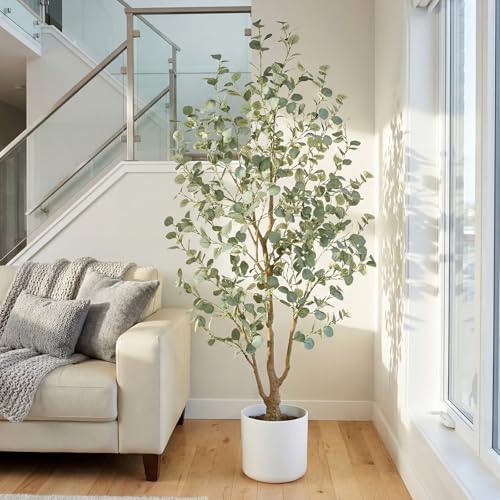 6FT Artificial Eucalyptus Tree Indoor, Faux Eucalyptus Tree with 636 Silk Leaves, Tall Fake Tree - Artificial Tree Indoor for Living Room Office Bedroom Home Decor - Image 2