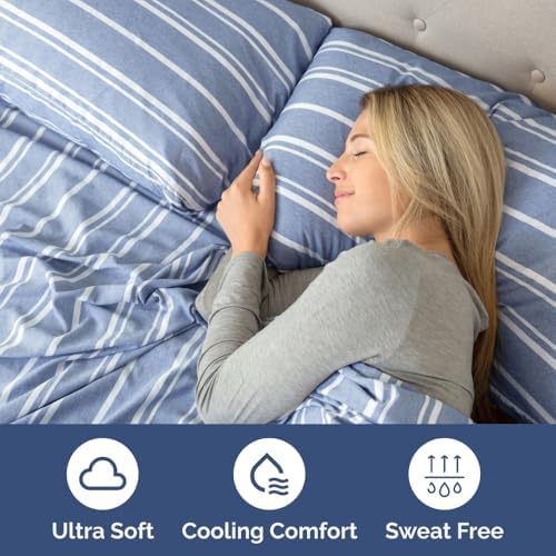 Short Queen Size 4 Piece Bed Sheet Set - RV Short Queen - Blue Stripes - Image 4