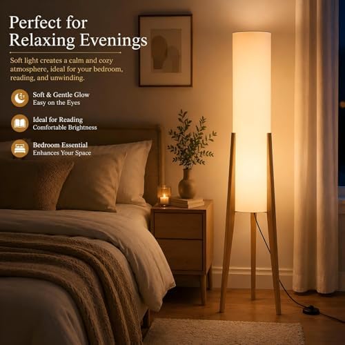 BOFEA-50 Floor Lamps for Living Room,Nordic Modern Floor Lamp,Tall Standing Boho Lamp with Fabric Shade,3 Color Art Standing Lamps,Farmhouse Wood Floor Lamp for Bedroom Office Corner - Image 3