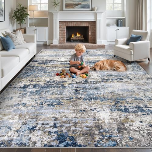 pmtsns Area Rugs 10x12 Living Room: Washable Rug Modern Abstract Neutral Soft Non-Slip Low-Pile Indoor Large Carpet for Bedroom Dining Room Playroom Home Office (Blue Grey Brown, 10'x12') by pmtsns