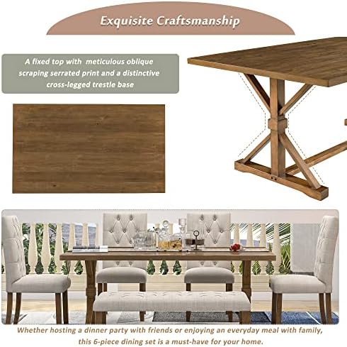 Mirightone 6-Piece Farmhouse Dining Table Set for 6 Rectangular Table Set with 4 Upholstered Chairs and Bench, Solid Wood Dining Table Set for Kitchen, Dining Room (Walnut) - Image 7
