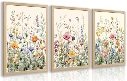 LLEEMPI Colorful Floral Wall Art Set of 3, 12x16 Wood Framed Canvas Prints by Unknown