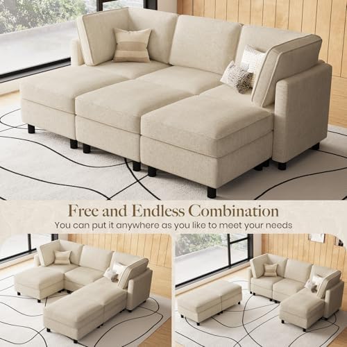 Belffin 84.3" Modular Sectional Sofa 6 Seats Sleeper Sofa Washable Sectional Couches for Living Room Comfy Couches with Storage Seat Couch Sofas with Chaise,Beige - Image 4