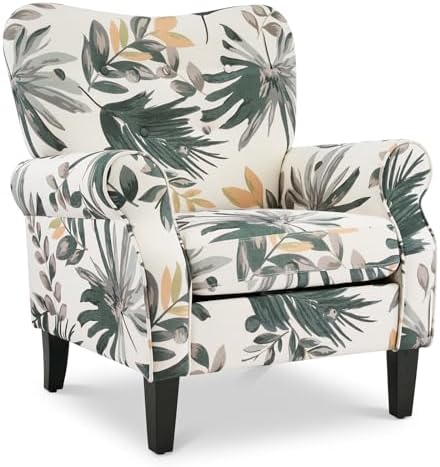 YOLENY Mid Century Wingback Arm Chair, Modern Upholstered Fabric High Back Accent Chair with Wood Legs, Upholstered Single Sofa Club Chair for Living Room, Bedroom, Home Office, Grey Green Leaves by YOLENY
