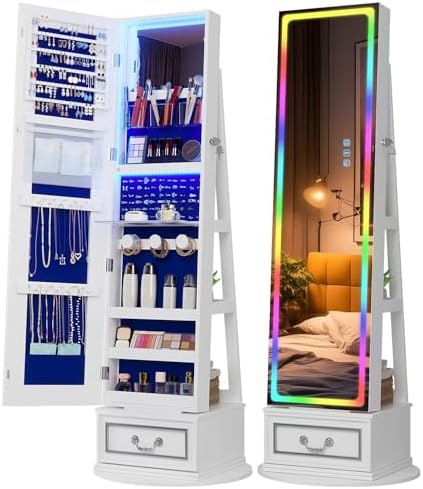 Vlsrka LED Mirror Jewelry Cabinet with Lights, 360° Swivel, White by VlsrkaFurniture