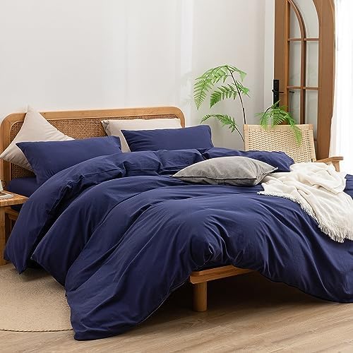 BESTOUCH Cotton Solid Duvet Cover Set Linen Feel Navy Blue Full - Image 4