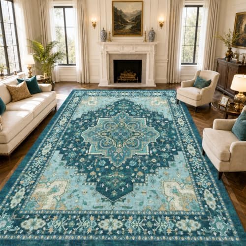 Amada Vintage Washable Area Rug,9'x12',Teal Blue - Image 3