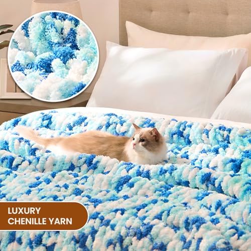 L'AGRATY Chunky Knit Throw Blanket for Couch, 50 x 60 Inches, Blue White - Image 3