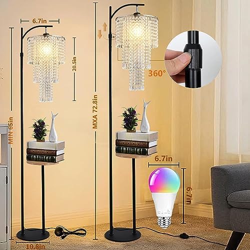 Arc Floor Lamp with Table and Shelves,Crystal Floor Lamps for Living Room,Dimmable Elegant Modern LED Floor Standing Lamp with Remote Control & 10 Colors,Black Adjustable Tall Lamp For Bedroom Corner - Image 5
