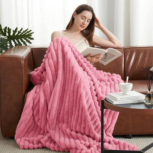 Amélie Home Soft Striped Faux Fur Throw Blanket for Couch, Pink, 55"x70" - Image 3