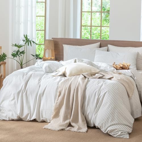 MooMee Striped Duvet Cover Set 100% Washed Cotton Linen Like King - Image 5