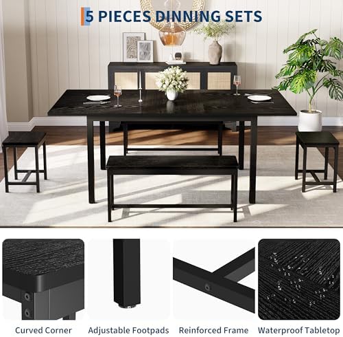 GarveeHome 5 PCs Dining Table Set for 6-8 People, 63 in Extendable Kitchen Table Set with 2 Benches and 2 Square Stools, Modern Dining Room Furniture Sets, Easy Assembly, Black - Image 7