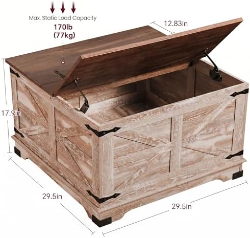 senlin Farmhouse Coffee Table, Heavy-Duty Coffee Table with Storage, Square Wood Center Table Set for Living Room with Pull Up Large Hidden Storage Compartment,Rustic Brown - Image 2