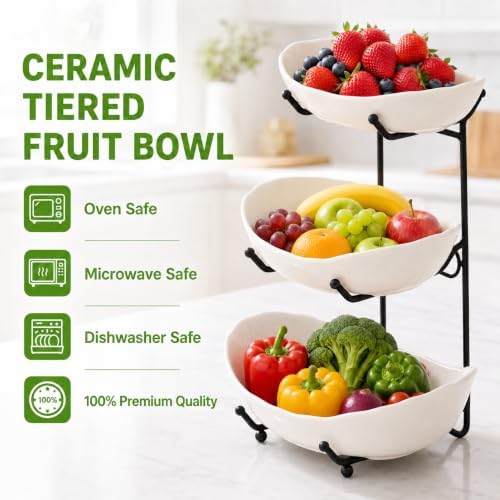 HBlife 3 Tier Fruit Bowl, Ceramic Fruit Basket for Kitchen Counter - Image 6