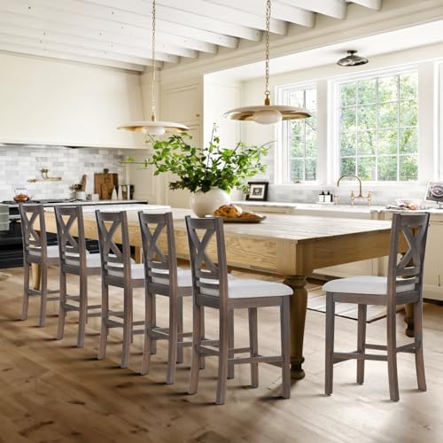 COLAMY Bar Stools Set of 6, Counter Height Bar Stools, Mid Century Modern Barstools, Wood Barstools for Kitchen Dining Room Bar, Light Brown Wash - Image 3