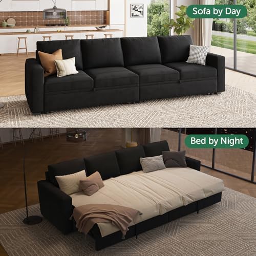 HONBAY Modular Sectional Sleeper Sofa Bed, with Pull Out Bed, Linen Convertible Sectional Couches for Living Room - Black - Image 3