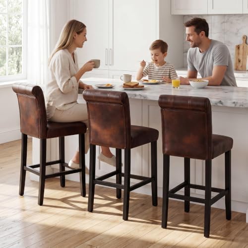 LSSBOUGHT 24 Inches Leather Counter Height Stools Set of 2 with Solid Wood Legs Bar Chairs for Kitchen lsland & Dining Room(Brown,2PCS) - Image 7