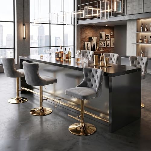 SoarFlash Velvet Bar Stool Set of 6, Adjustable Swivel Bar Stools with Gold Plated Metal Leg, Button Tufted, Footrest, Chrome Nailhead,Counter Height Chair for Kitchen, Bar, Dining Room (Grey) by SoarFlash