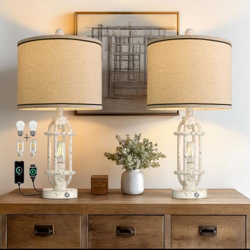 G-SAFAVA 23.75'' Table Lamps Set of 2 for Living Room Bedroom Industrial Farmhouse Metal Touch Lamps with USB A+C Ports, Night Light Vintage Nightstand Bedside Lamp, Bulbs Included, White by G-SAFAVA