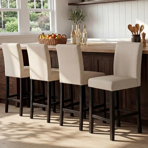 GOTMINSI Classic 24 Inches Counter Height Stools Upholstered Bar Stools with Solid Wood Legs Set of 4(Fabric Beige) by GOTMINSI