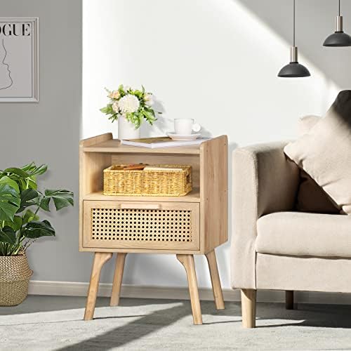 Lerliuo Rattan Nightstand, Boho Side Table with Drawer Open Shelf - Image 4