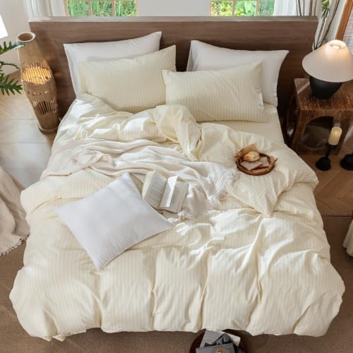 MooMee Striped Duvet Cover Set 100% Washed Cotton Linen Like King - Image 4