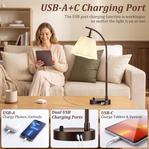 Table Lamps Set of 2, Stepless Dimmable Bedside Lamps with USB A&C Ports - Image 3