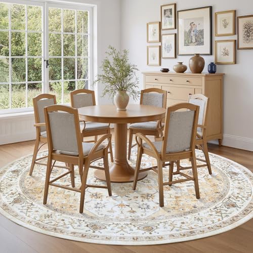 Amada Round 8x8 Washable Area Rug for Dining Room, Beige, Vintage Style - Image 3