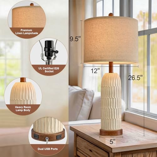 OYEARS 26.5" Bedside Table Lamps Set of 2, Farmhouse Table Lamp with USB A+C Charging Ports,Vintage Nightstand Lamp for Bedrooms and Living Rooms, Retro Resin End Table Lamp with Linen Shade, Brown - Image 3