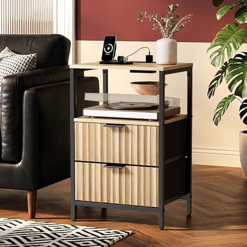 VINGLI Night Stand with Charging Station and Fabric Drawers, Fluted Nightstand Oak with 2 Drawers, Bed Side Table/End Table for Bedroom, 14.96" W*11.81" D*23.78" H - Image 3