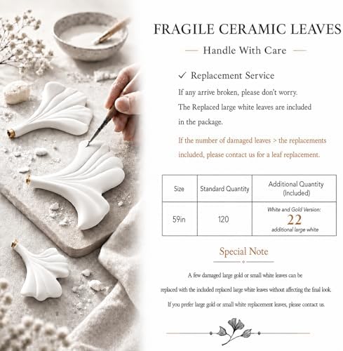 59 Inch White Rectangle Chandelier Gold Ceramic Ginkgo Leaf Chandeliers Brass Large Chandelier Modern Hanging Lights Fixture for Living Room Dining Room Kitchen Island,10-Light - Image 3