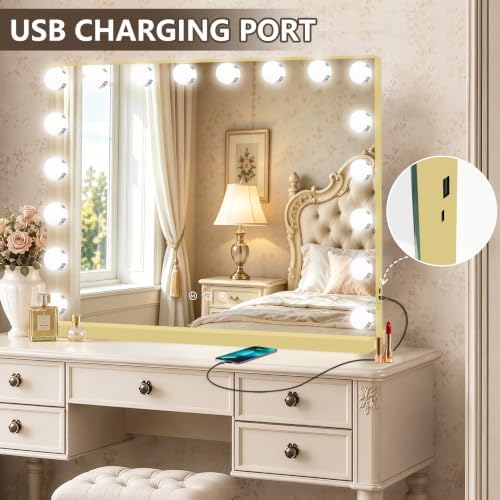 Ratsamee Gold Hollywood Vanity Mirror with Lights, 18 Dimmable Bulbs, 3 Color Lights,Make Up Lighted Mirror, Aluminum Metal Frame, USB Charging Port（32" x 24"） - Image 5