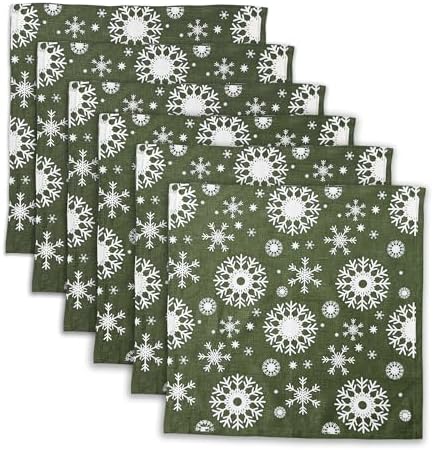 100% Pure Linen Christmas Napkins 15 x 15 Inch Snowflake Pattern - Set of 6 Pack, Green Dinner Cloth Napkin European Flax Natural Fabric Washable for Home and Kitchen by LinendoHOME